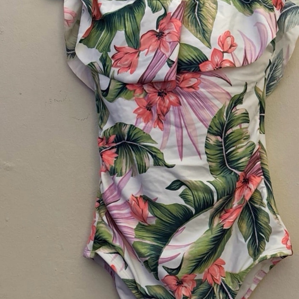 Kona Sol White One-Piece Swimsuit with Coral & Green Floral Print
